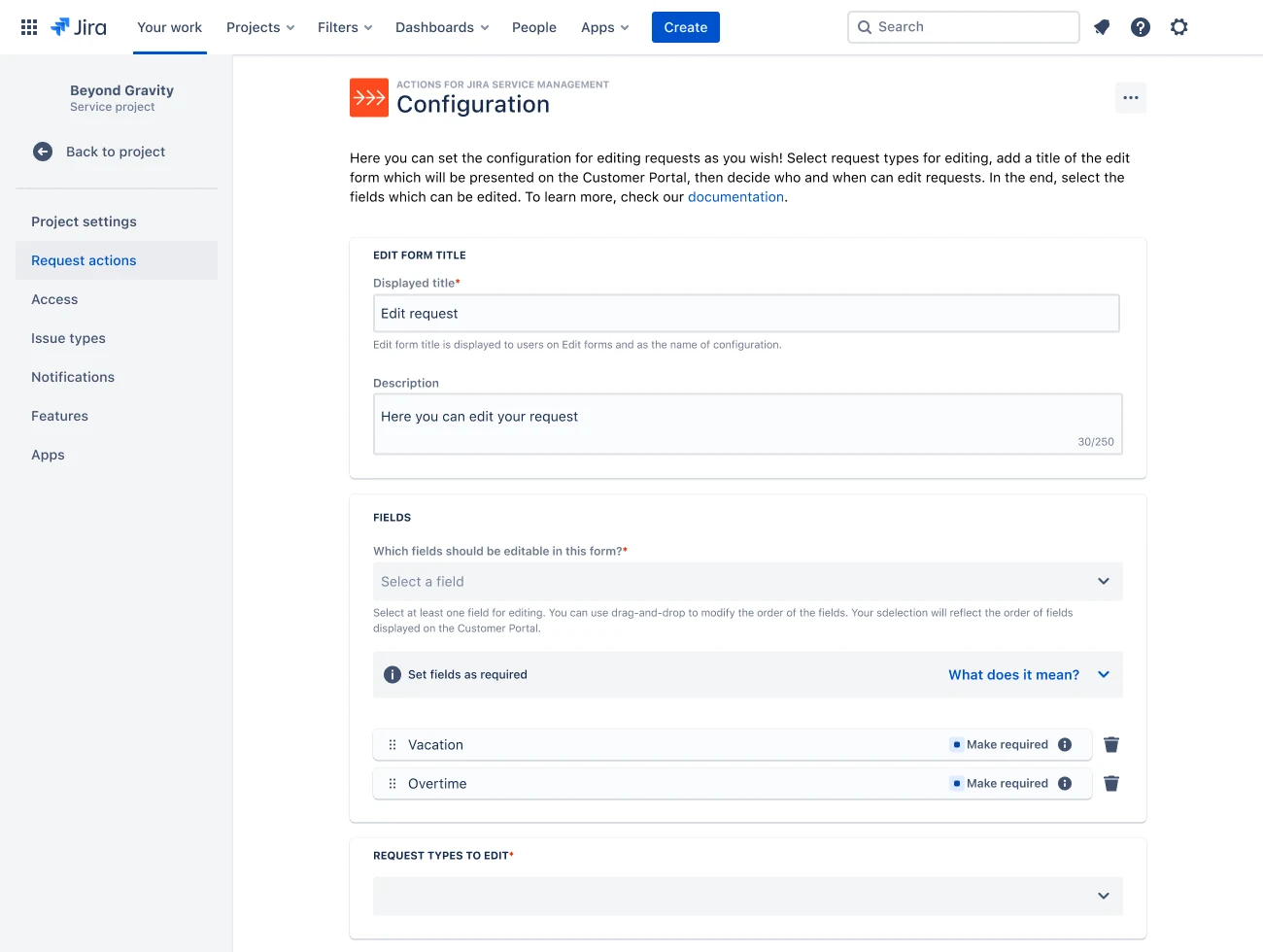Actions for JSM configuration: edit form title, editable fields and request types.
