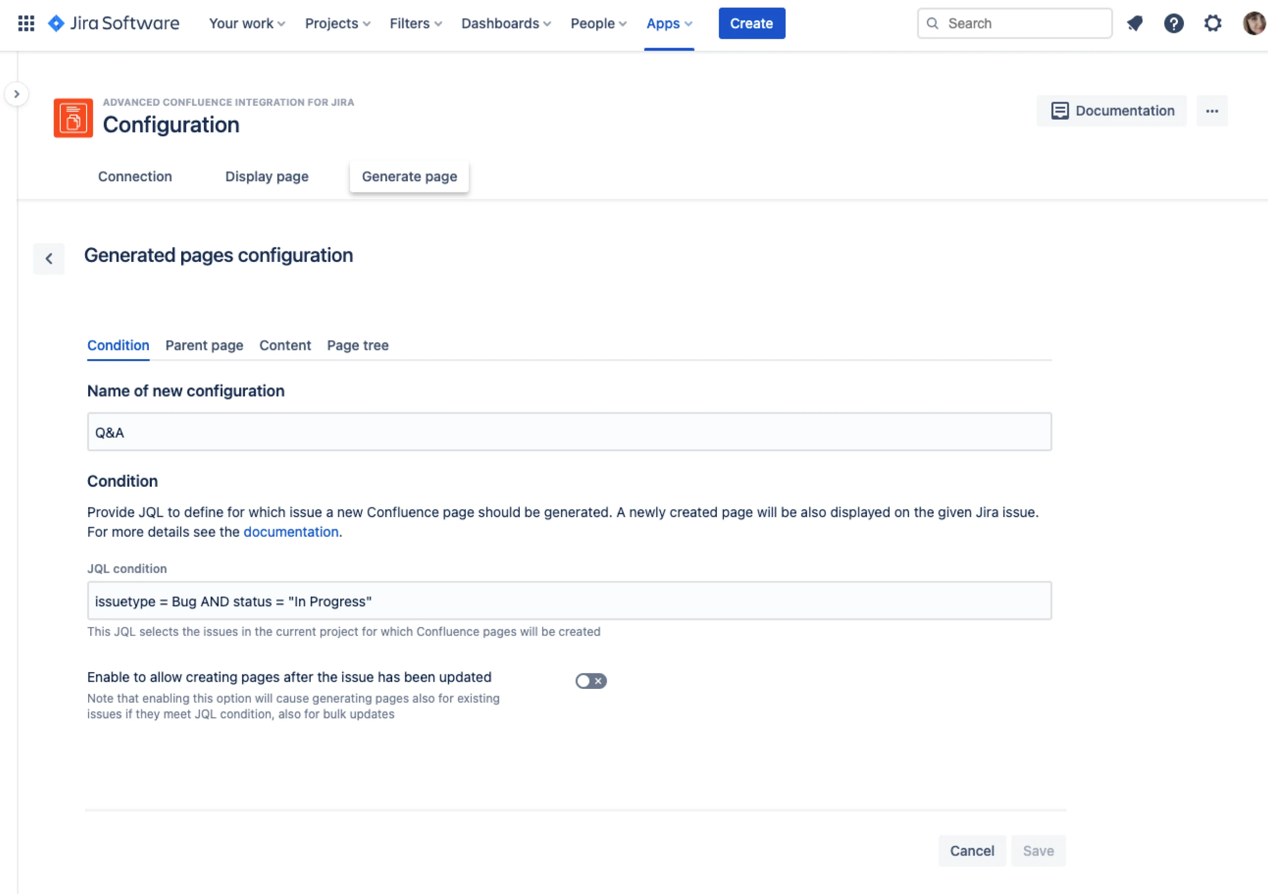 Generated pages configuration in Jira: a JQL condition that decides for which issues a Confluence page is created.