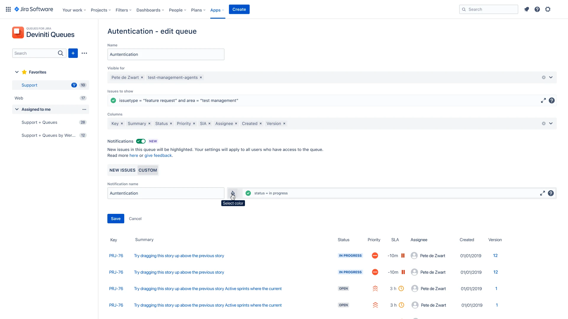 Queue editing screen in Queues for Jira: visibility, issues to show and columns. Notification settings for issues matched by JQL, with an option to highlight selected issues in color.