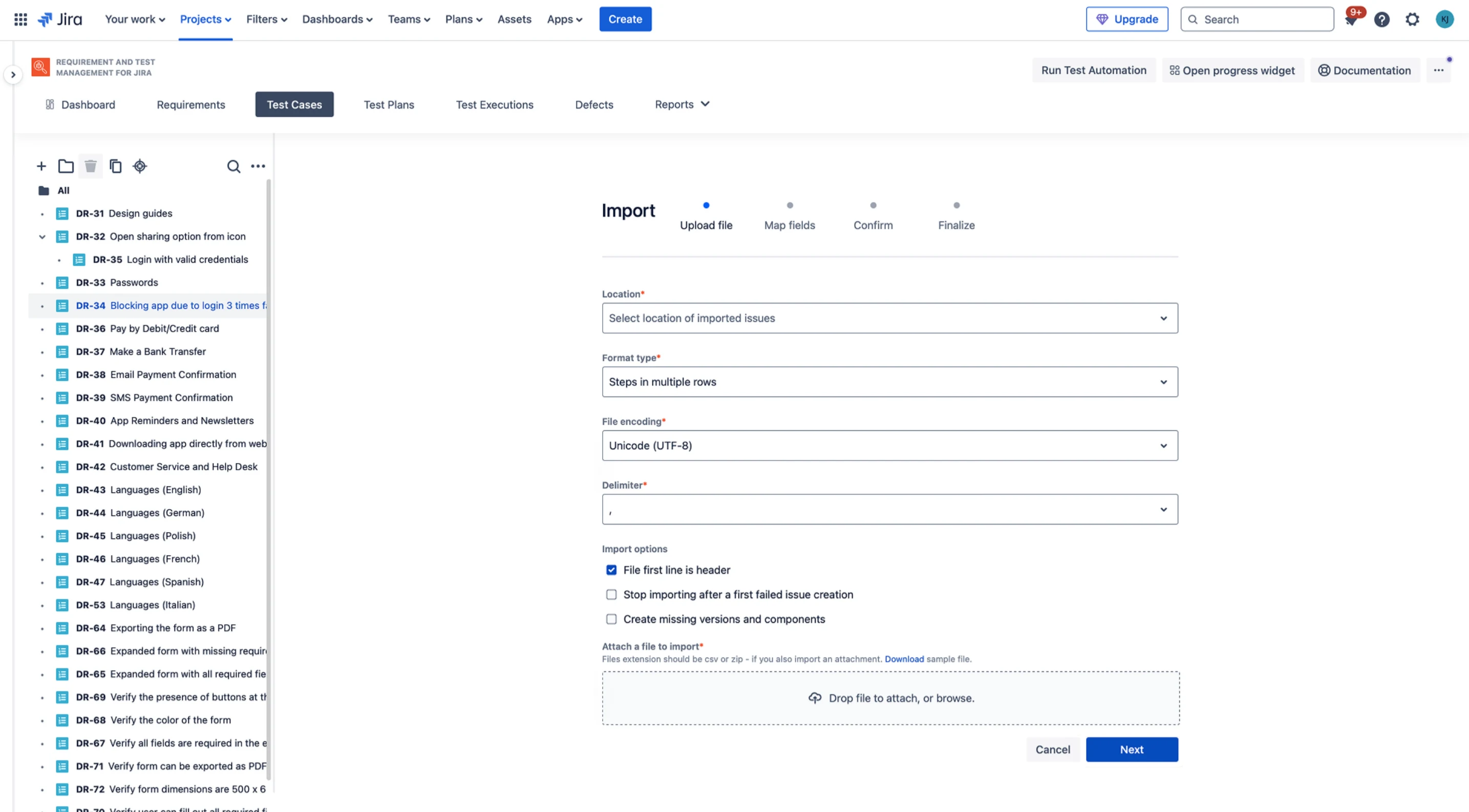 RTM import screen: a four-step flow with location, format type, file encoding, delimiter, import options and a file drop zone.
