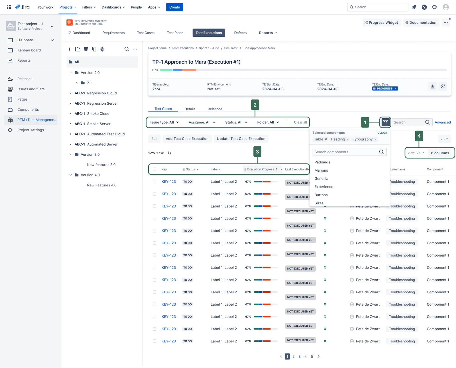 Test execution view in RTM for Jira: a table of test cases with filters above it and an open panel for choosing filter fields. Markers 1 to 4 point to the filter field picker, the selected filters, the sortable column headers and the controls for visible columns and items per page.