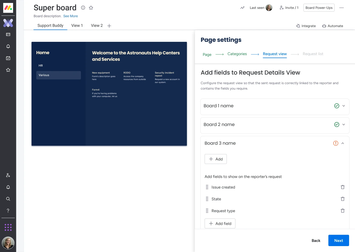 Portal setup inside monday.com: a step-by-step wizard for page, categories, request view and request list.