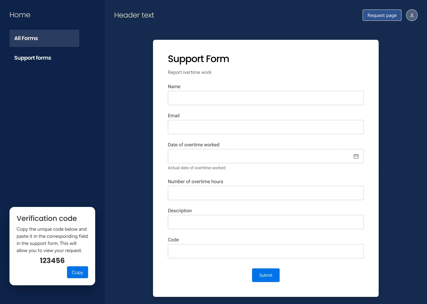 Support form with a verification code panel and a Copy button.